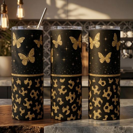 Golden Butterfly & Leopard Glitter Tumbler - 20oz Stainless Steel