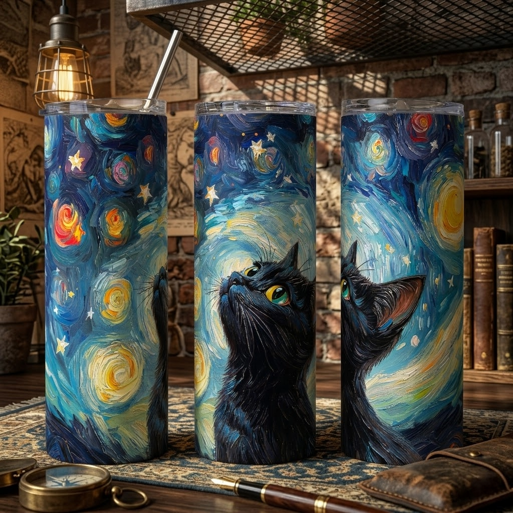 Funny Black Cat Starry Night Gift Tumbler - 20oz Stainless Steel