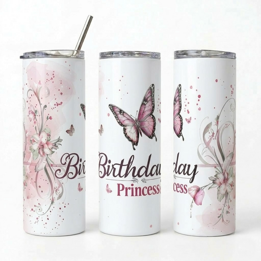 Pink Watercolor Birthday Princess Butterfly Tumbler - 20oz Stainless Steel