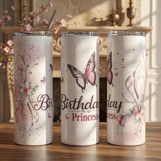Pink Watercolor Birthday Princess Butterfly Tumbler - 20oz Stainless Steel