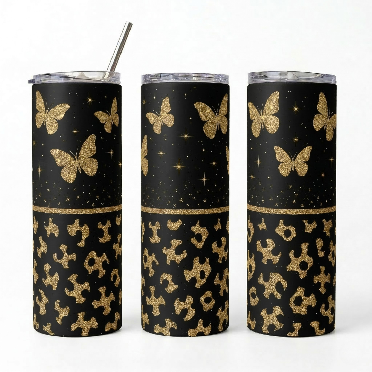 Golden Butterfly & Leopard Glitter Tumbler - 20oz Stainless Steel