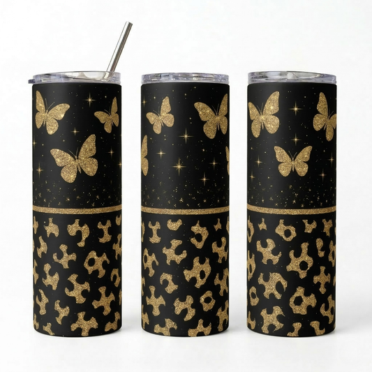 Golden Butterfly & Leopard Glitter Tumbler - 20oz Stainless Steel