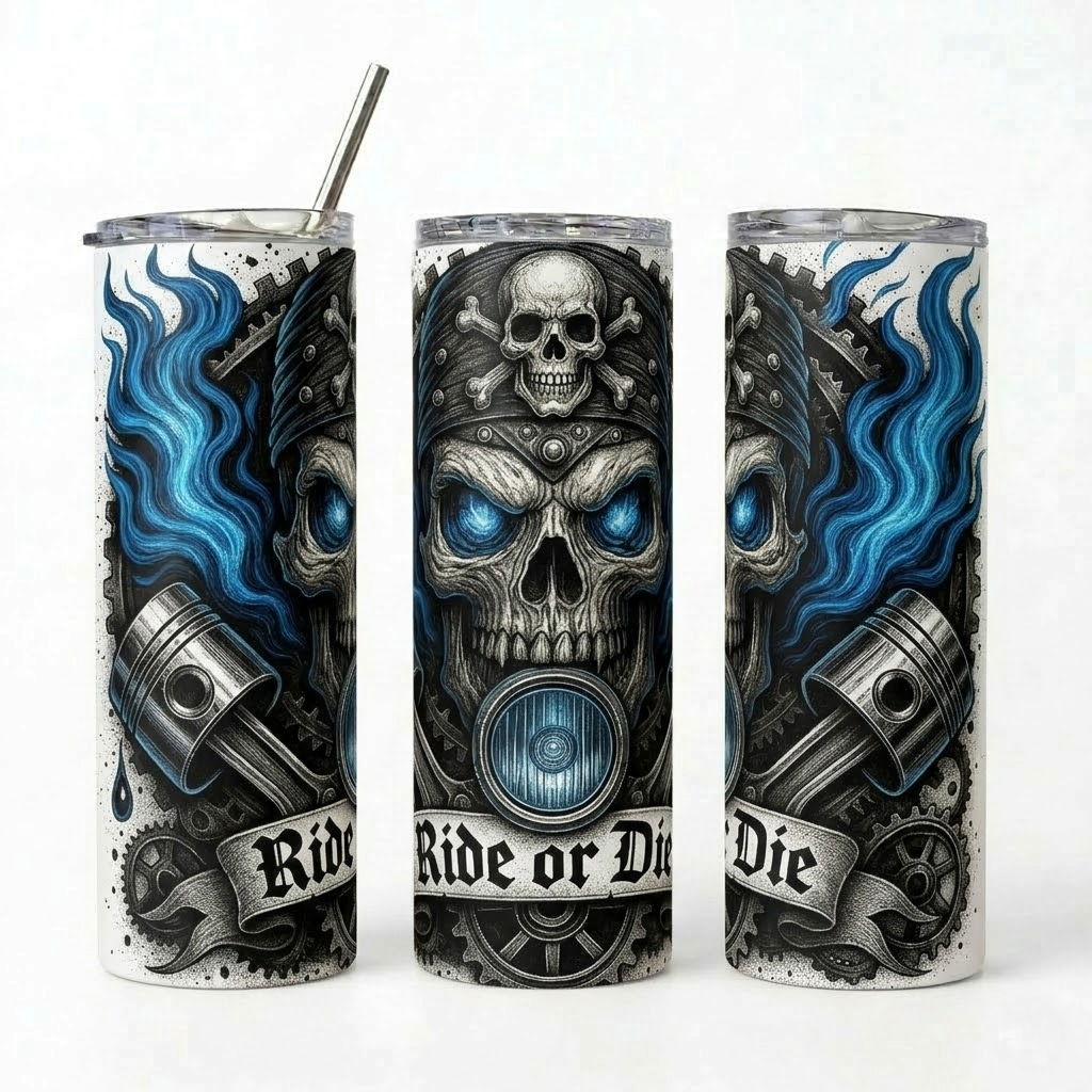 Ride or Die Biker Skull Tumbler | Blue Flame Motorcycle - 20oz Stainless Steel