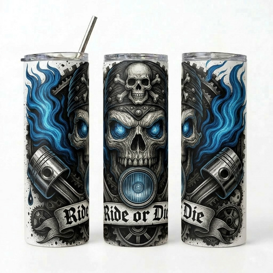Ride or Die Biker Skull Tumbler | Blue Flame Motorcycle - 20oz Stainless Steel