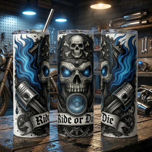 Ride or Die Biker Skull Tumbler | Blue Flame Motorcycle - 20oz Stainless Steel