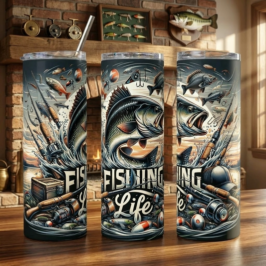 Fishing Life" Vintage Bass Tumbler - 20oz Stainless Steel