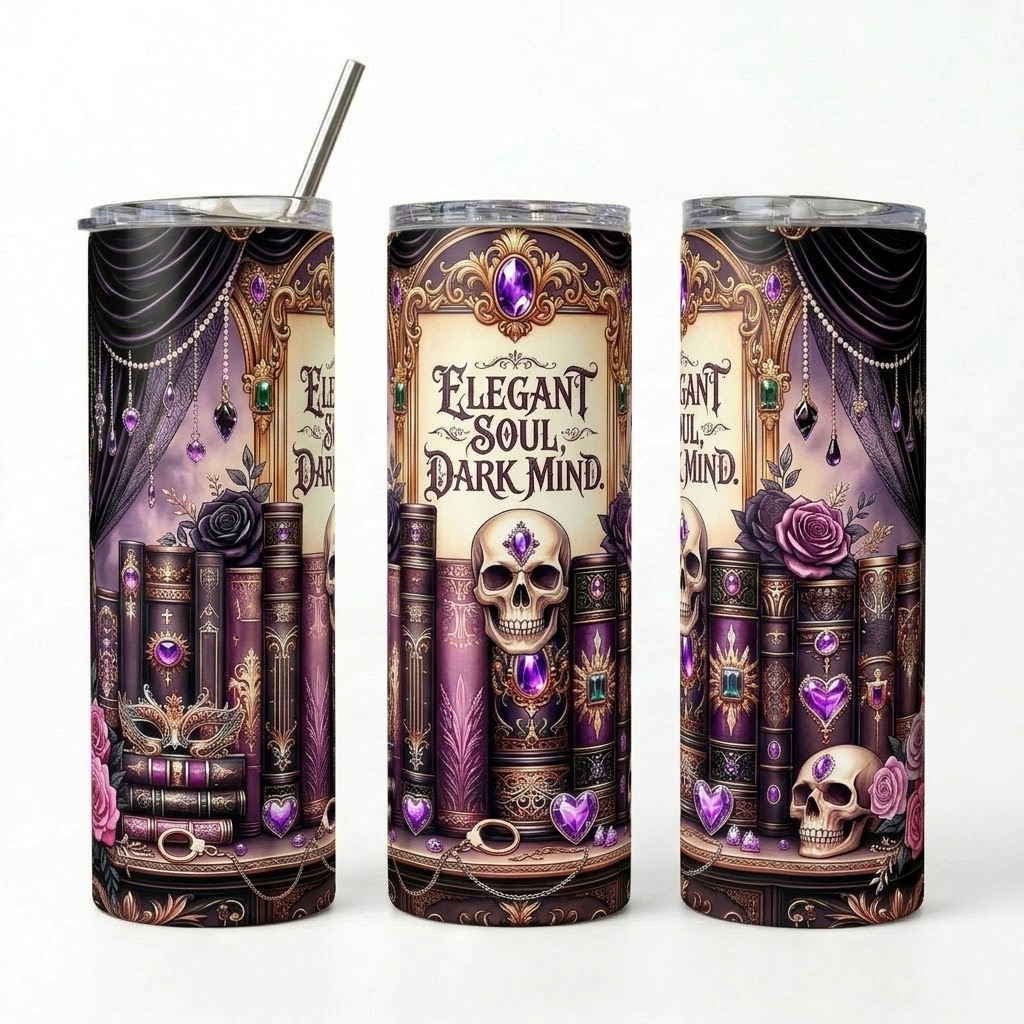 Elegant Soul Dark Mind Tumbler | Gothic Dark Academia Gift for Book Lovers - 20oz Stainless Steel
