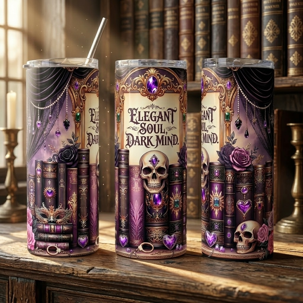 Elegant Soul Dark Mind Tumbler | Gothic Dark Academia Gift for Book Lovers - 20oz Stainless Steel