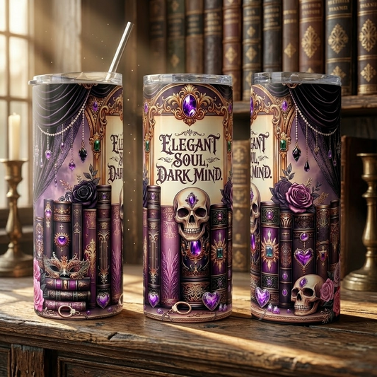 Elegant Soul Dark Mind Tumbler | Gothic Dark Academia Gift for Book Lovers - 20oz Stainless Steel